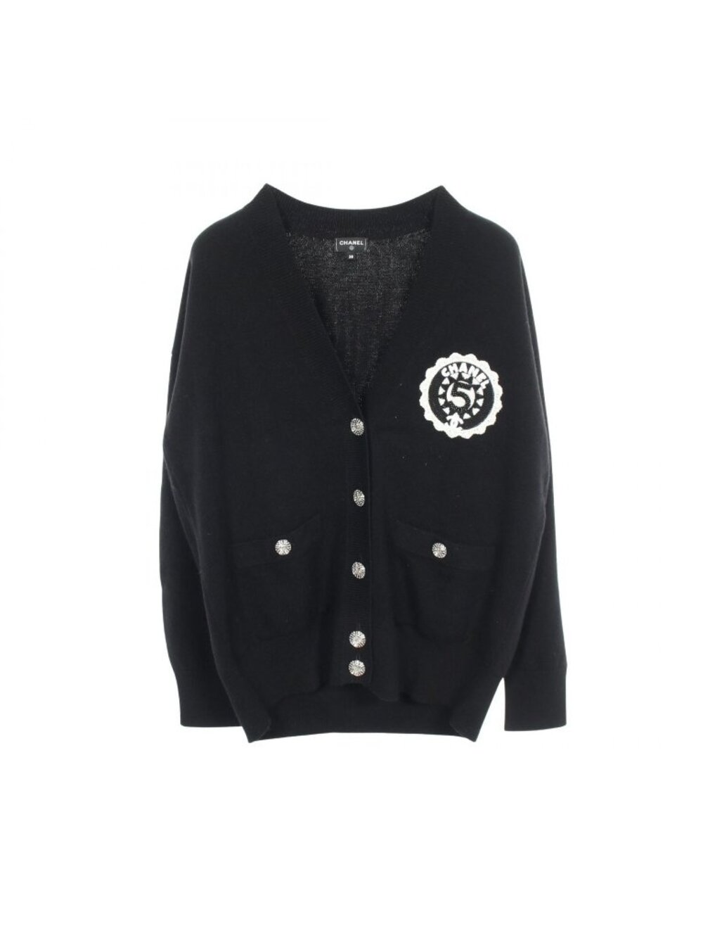 Chanel Cardigan CC Logo Button Embroidery Black Cashmere